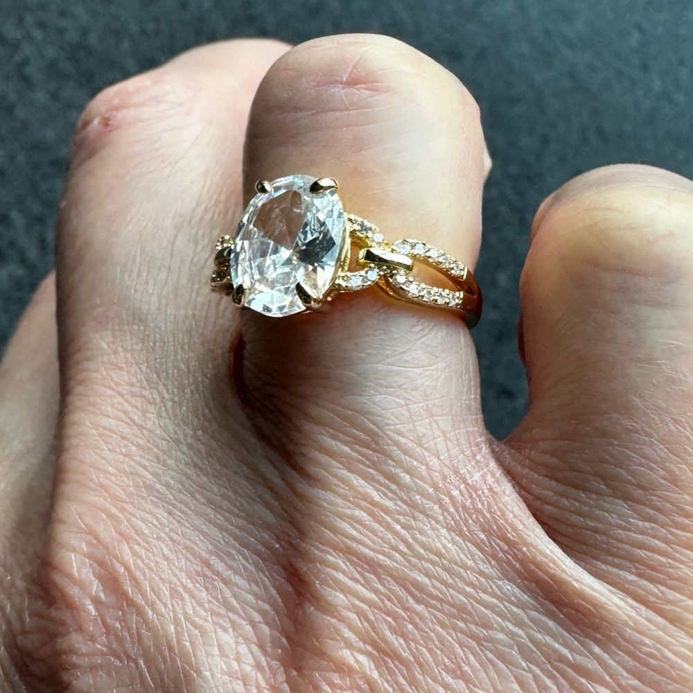 NWB Adjustable Gold Plated Oval CZ Statement Ring w/ Pave Accent Loop Band - Picture 14 of 16